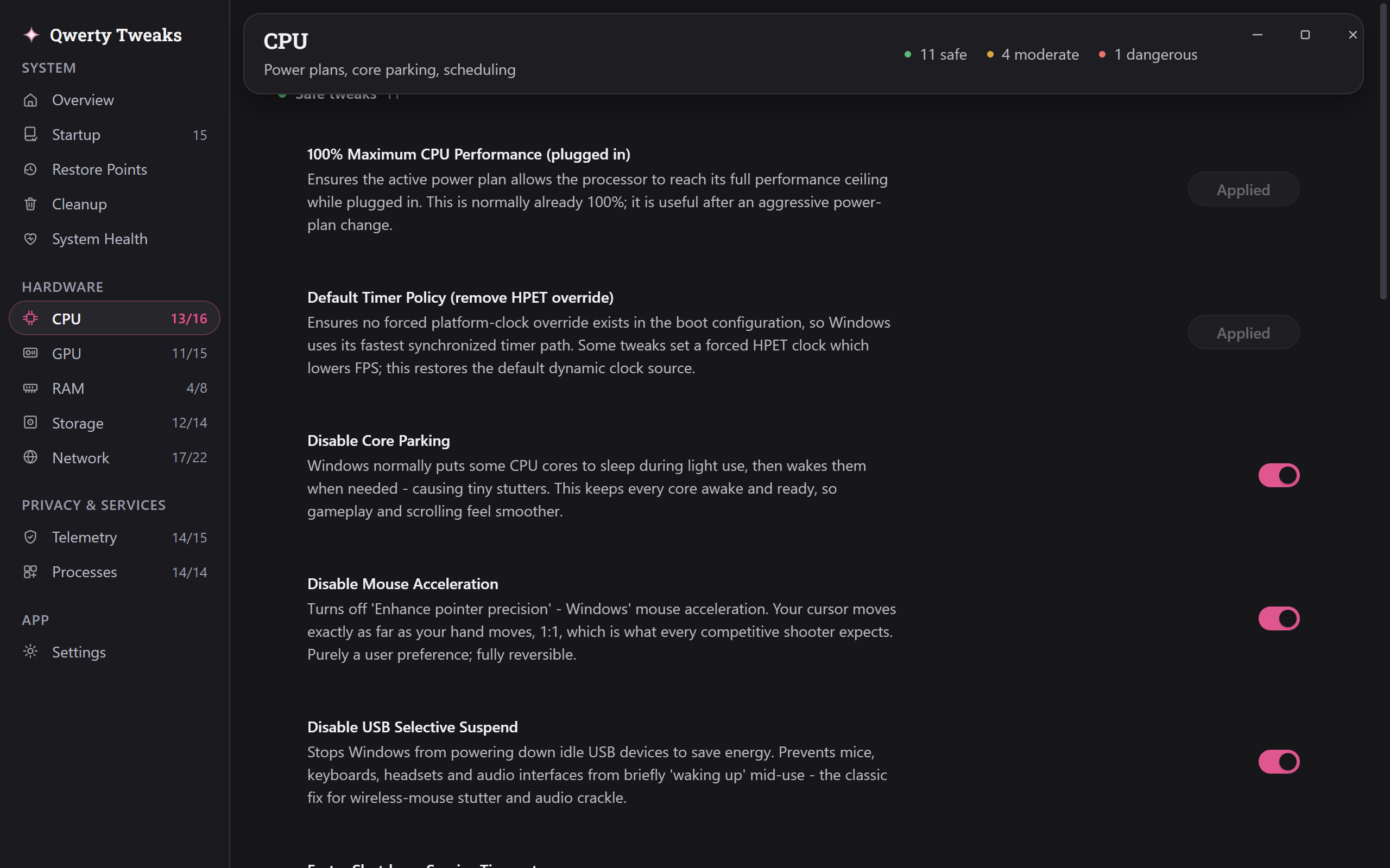 The CPU page: live processor readings above the processor settings, each with a risk label and its own switch.