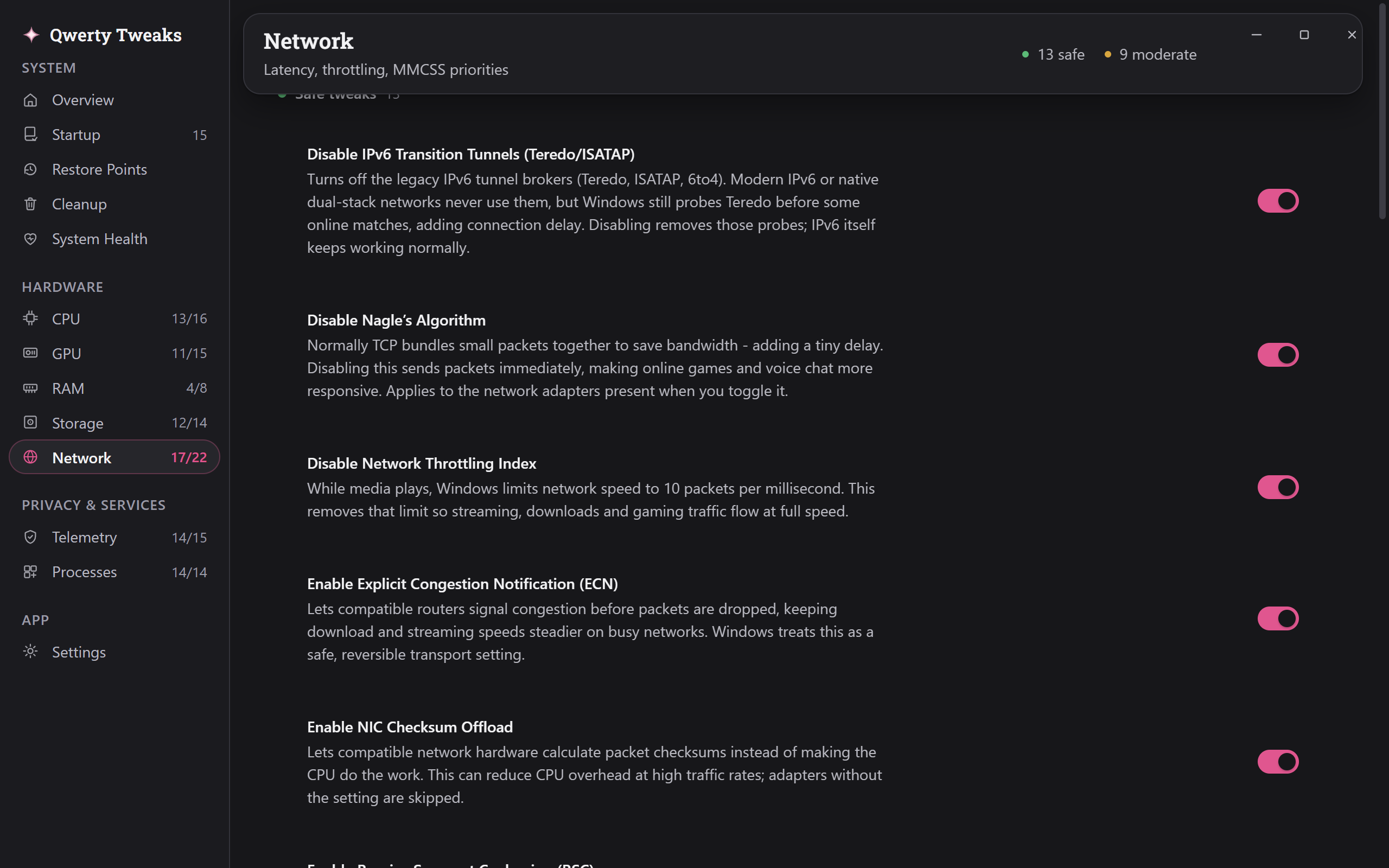 The Network page: twenty-two network settings, each with a risk label and a switch.