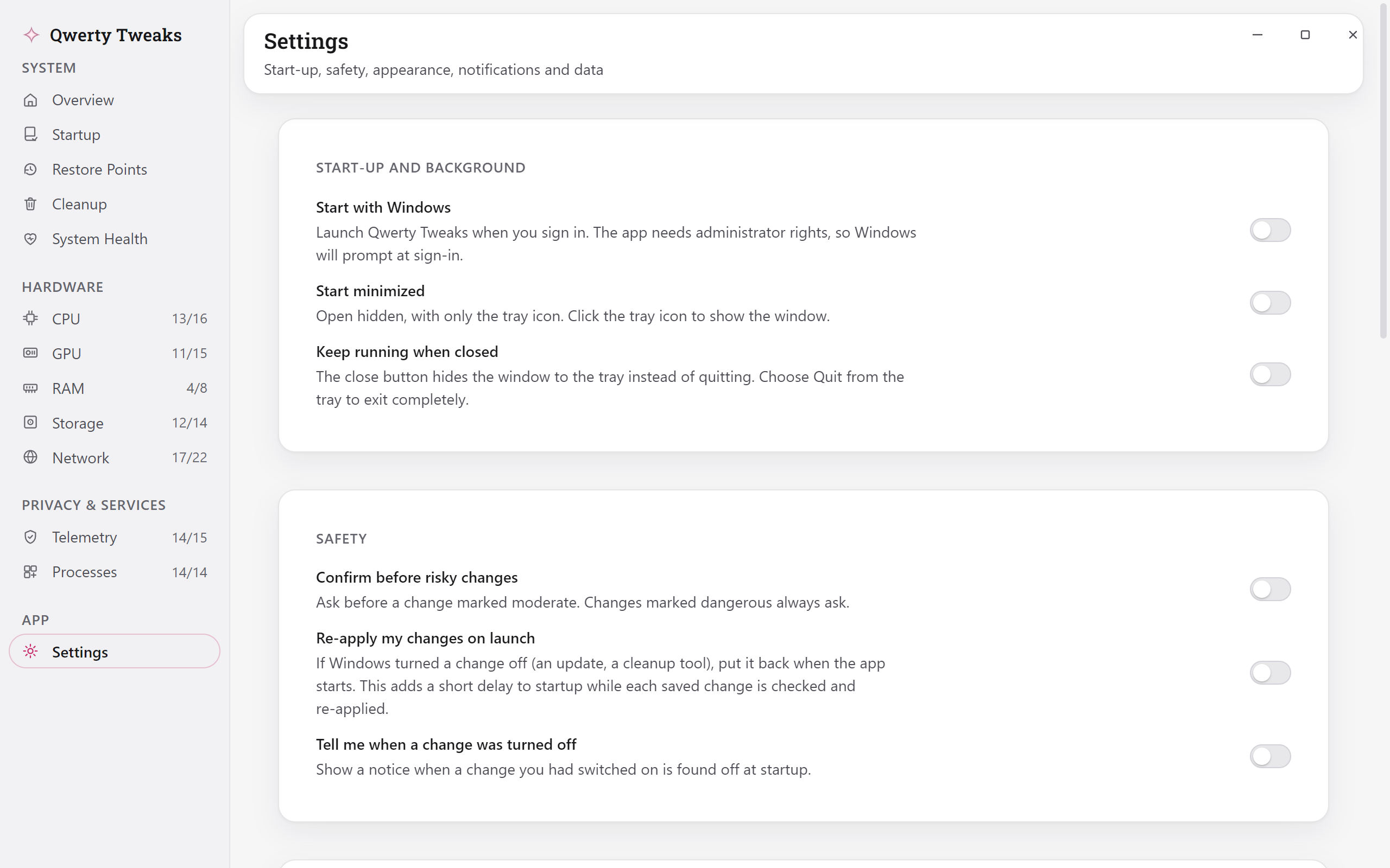 The same Settings page in the app's light theme.