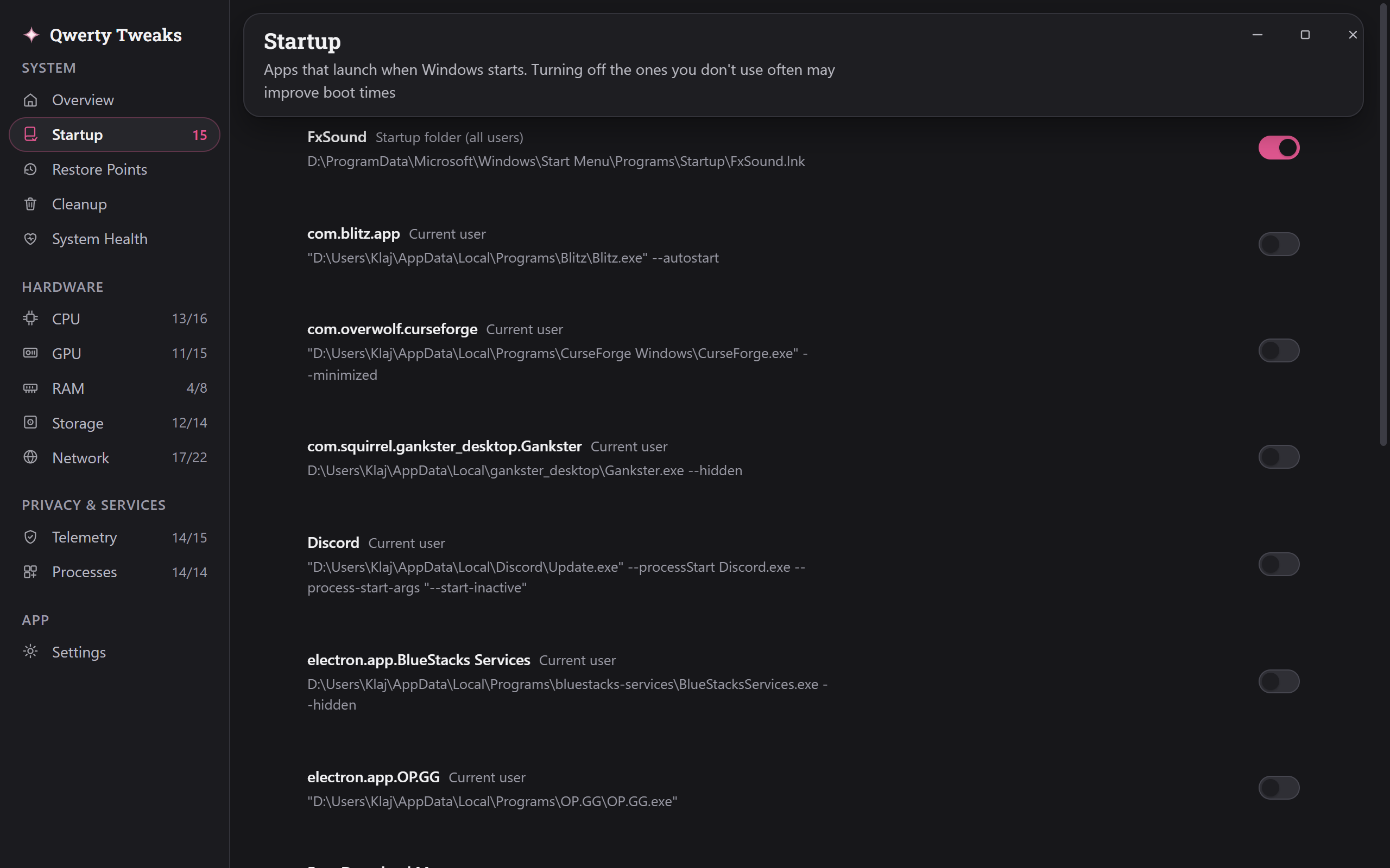 The Startup page: programs that launch with Windows, each with what it costs and a control to disable it.